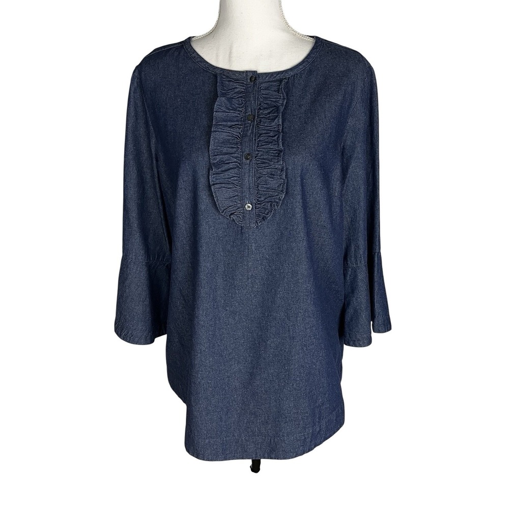 Draper James Ruffle Placket Chambray Blue Button Quarter Sleeves Blouse L Cotton
